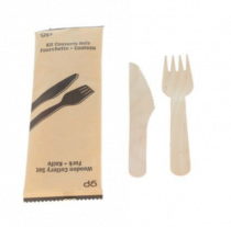 Sachet couverts en bois 2 pièces : couteau + fourchette+ serviette x 250pcs